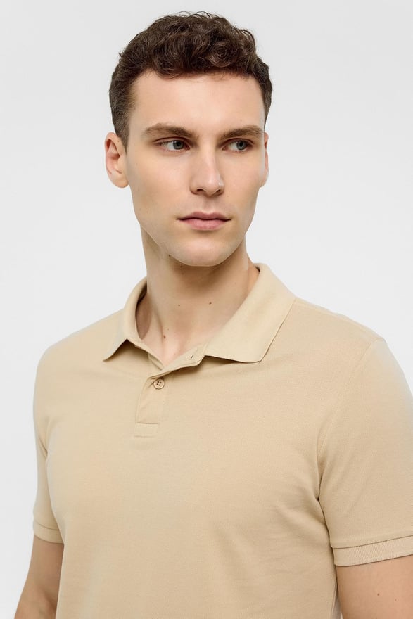 Bej Slim Düz Polo Yaka Tişört