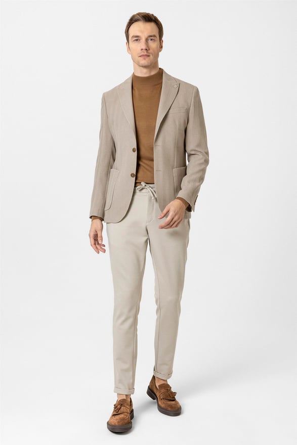 Bej Slim Düz Sivri Yaka 6 Drop Ceket