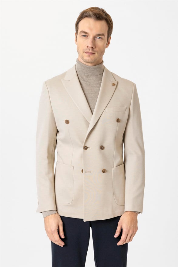 Bej Slim Düz Sivri Yaka 6 Drop Ceket