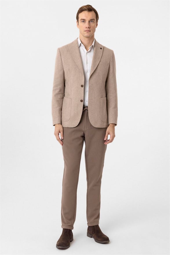 Bej Slim Sivri Yaka 6 Drop Ceket