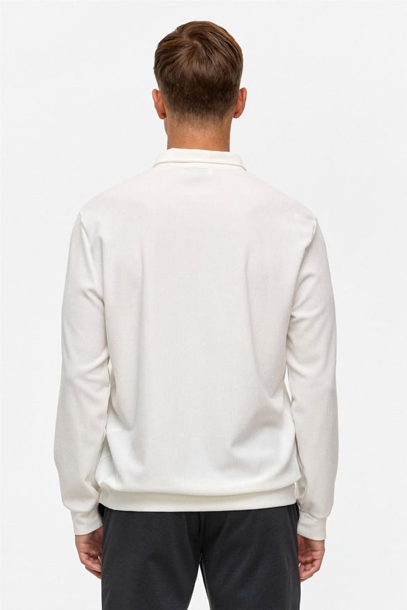 Beyaz Regular Düz Polo Yaka Sweatshirt