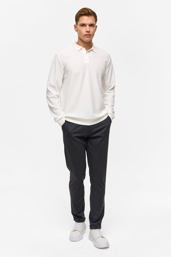 Beyaz Regular Düz Polo Yaka Sweatshirt