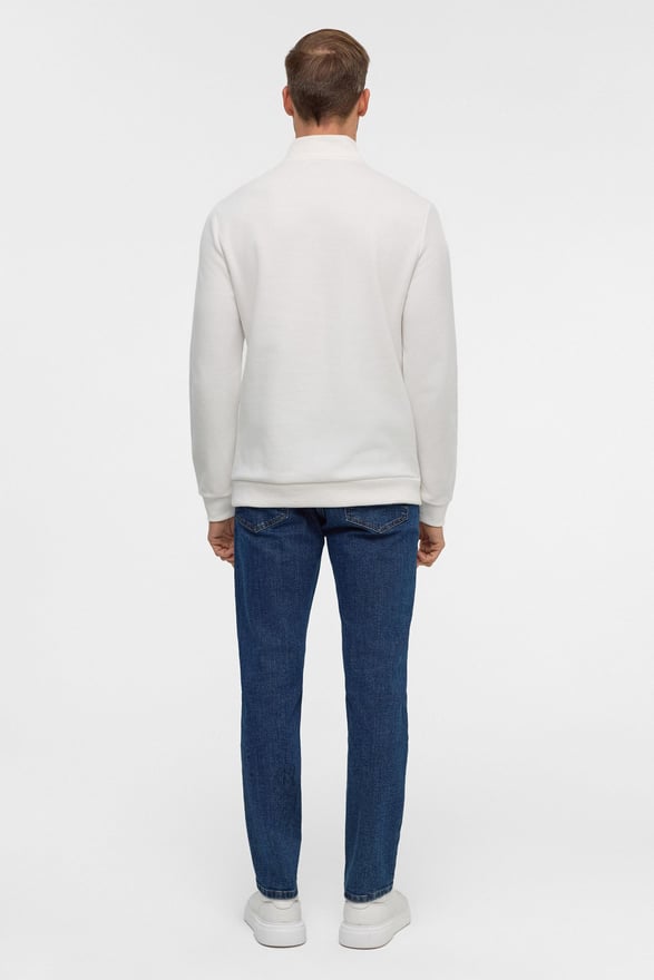 Beyaz Regular Düz Polo Yaka Sweatshirt