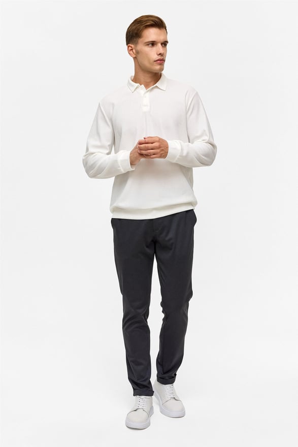 Beyaz Regular Düz Polo Yaka Sweatshirt