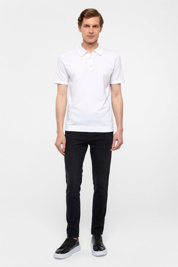 Beyaz Regular Düz Polo Yaka Triko