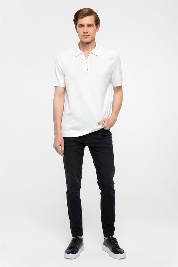 Beyaz Regular Düz Polo Yaka Triko