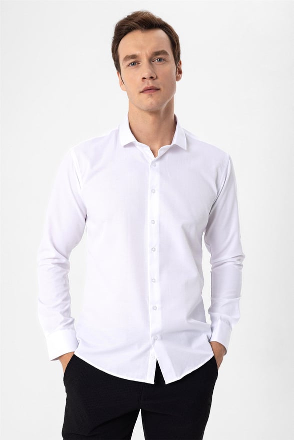 Beyaz Slim Armürlü Klasik Yaka Gömlek