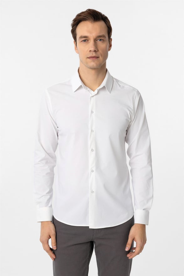 Beyaz Slim Düz Klasik Yaka Gömlek