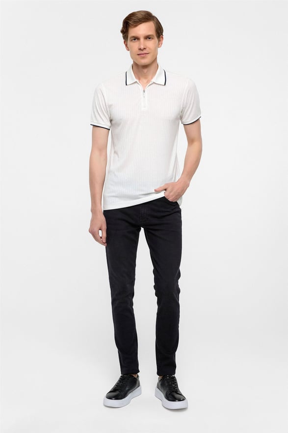 Beyaz Slim Fitilli Polo Yaka Tişört