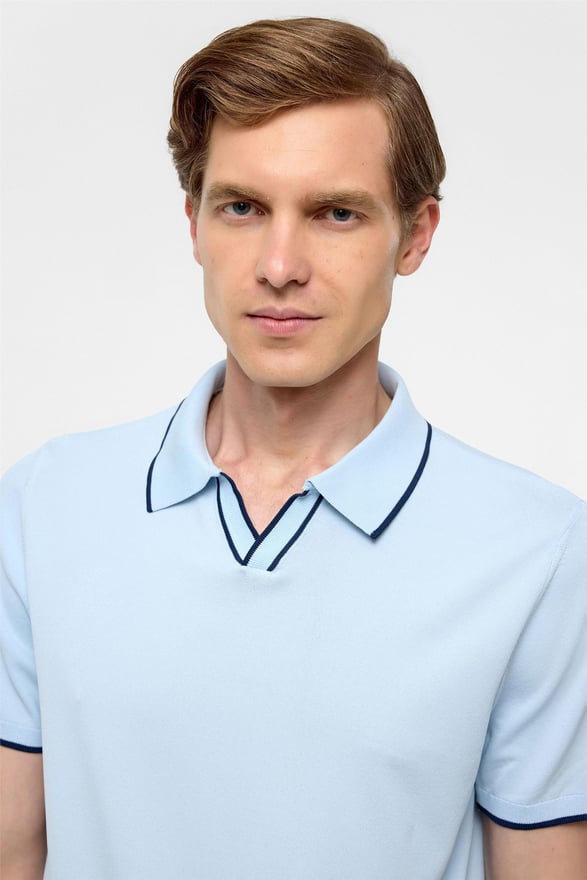 Buz Mavi Regular Düz Polo Yaka Triko