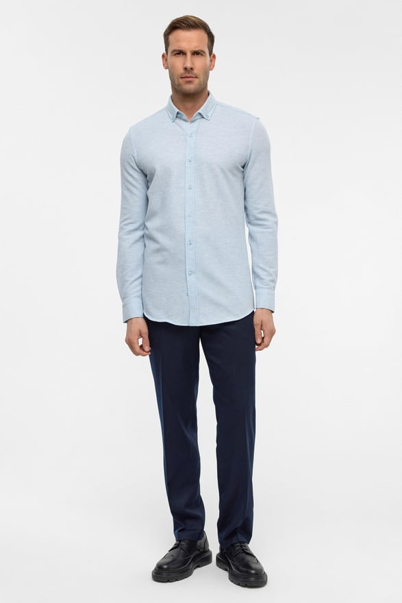 Buz Mavi Slim Armürlü Düğmeli Yaka Gömlek