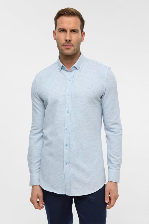Buz Mavi Slim Armürlü Düğmeli Yaka Gömlek