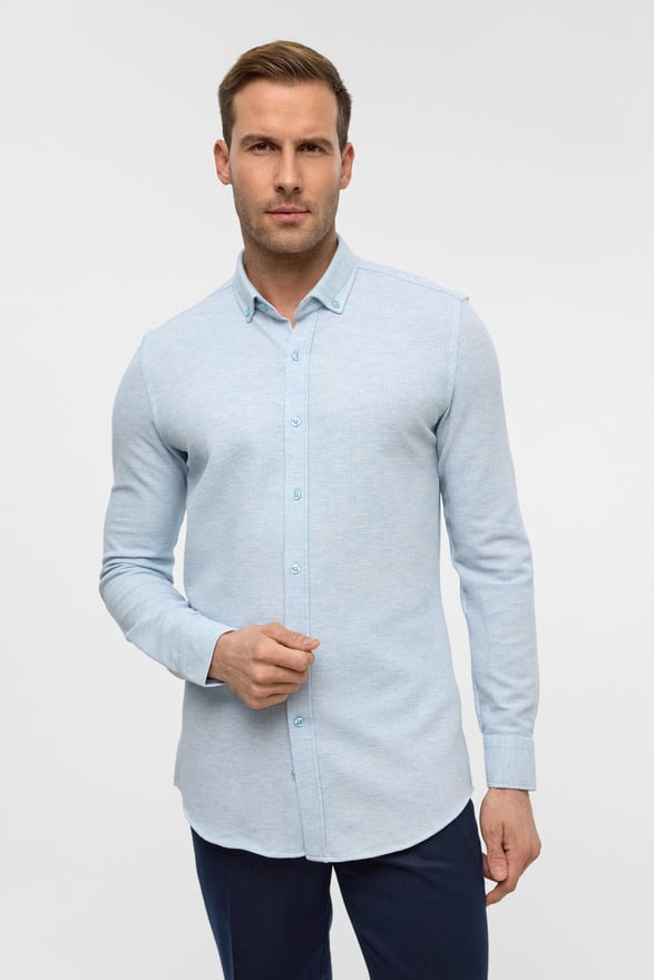 Buz Mavi Slim Armürlü Düğmeli Yaka Gömlek