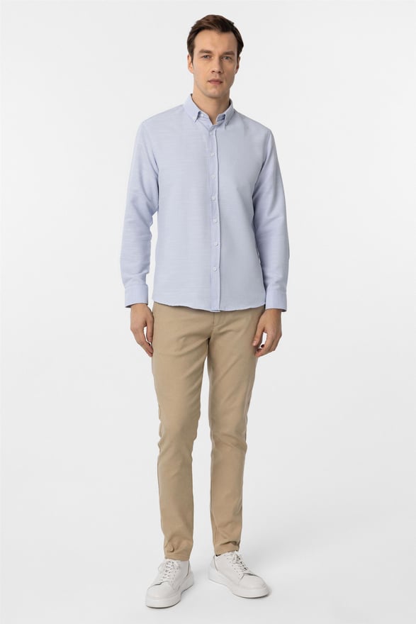 Buz Mavi Slim Armürlü Düğmeli Yaka Gömlek