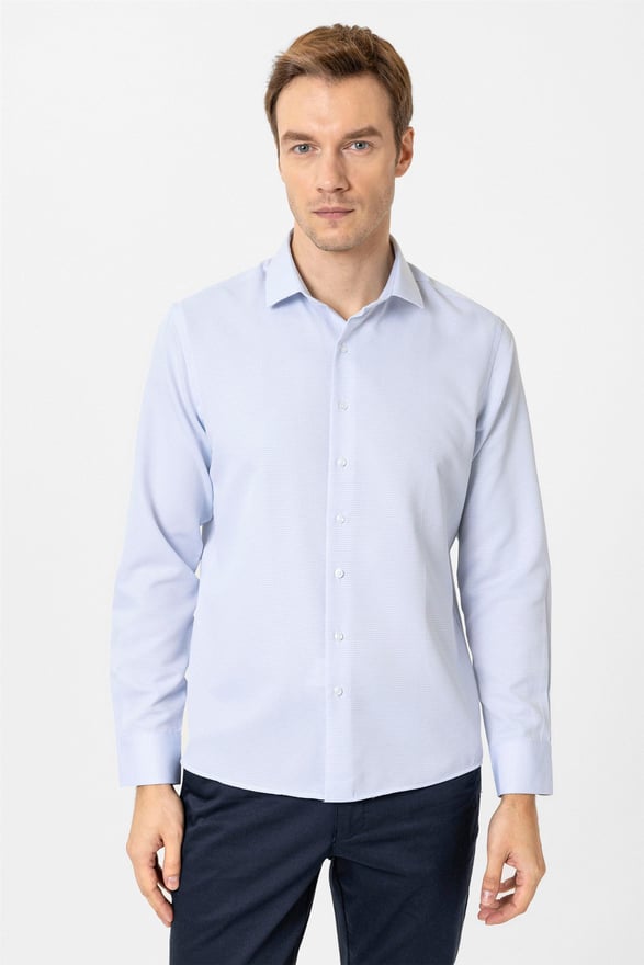 Buz Mavi Slim Armürlü Klasik Yaka Gömlek