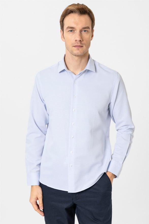 Buz Mavi Slim Armürlü Klasik Yaka Gömlek