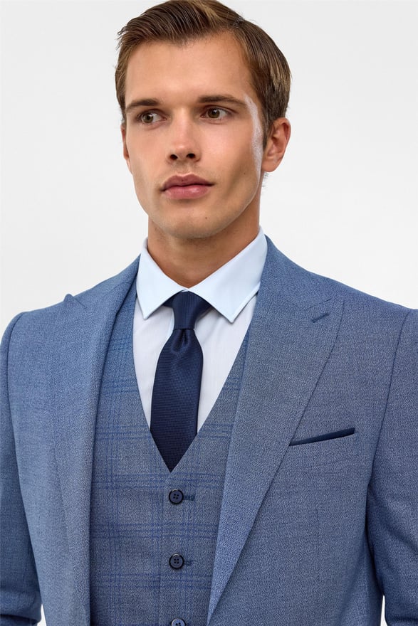 Buz Mavi Slim Armürlü Sivri Yaka 6 Drop Takım Elbise