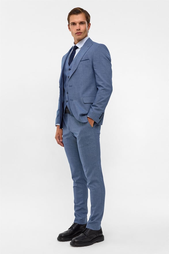 Buz Mavi Slim Armürlü Sivri Yaka 6 Drop Takım Elbise