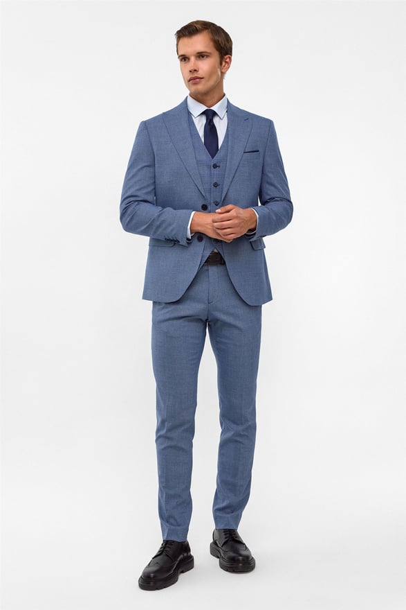 Buz Mavi Slim Armürlü Sivri Yaka 6 Drop Takım Elbise