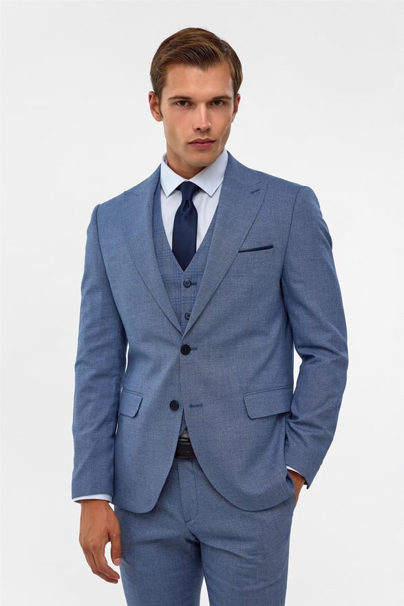 Buz Mavi Slim Armürlü Sivri Yaka 6 Drop Takım Elbise