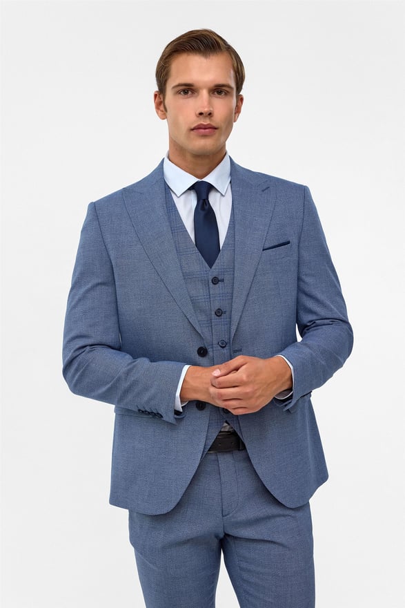 Buz Mavi Slim Armürlü Sivri Yaka 6 Drop Takım Elbise