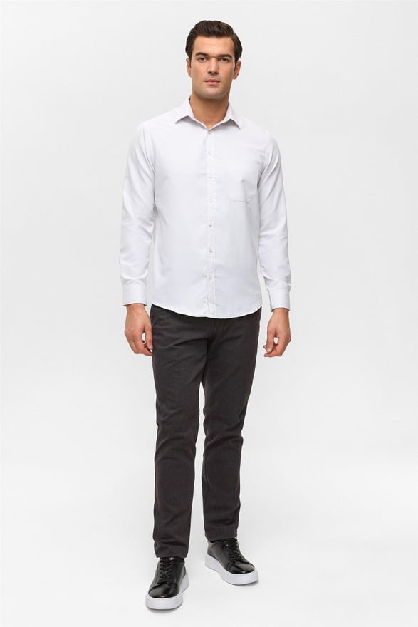 Ekru Regular Desenli Klasik Yaka Gömlek