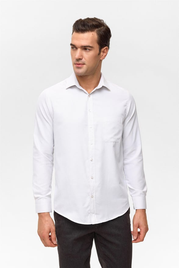 Ekru Regular Desenli Klasik Yaka Gömlek