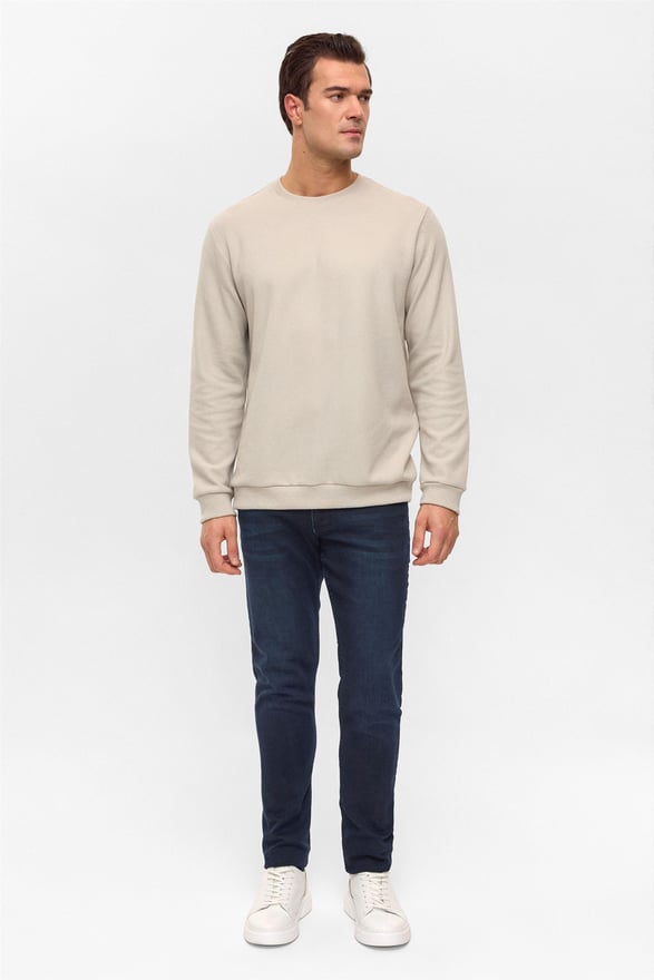 Ekru Regular Düz Bisiklet Yaka Sweatshirt