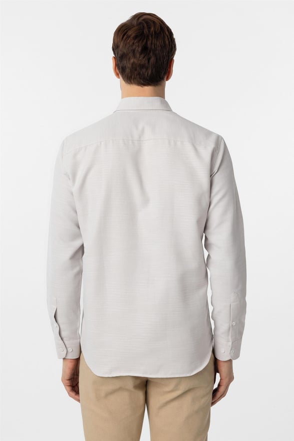 Ekru Slim Armürlü Düğmeli Yaka Gömlek