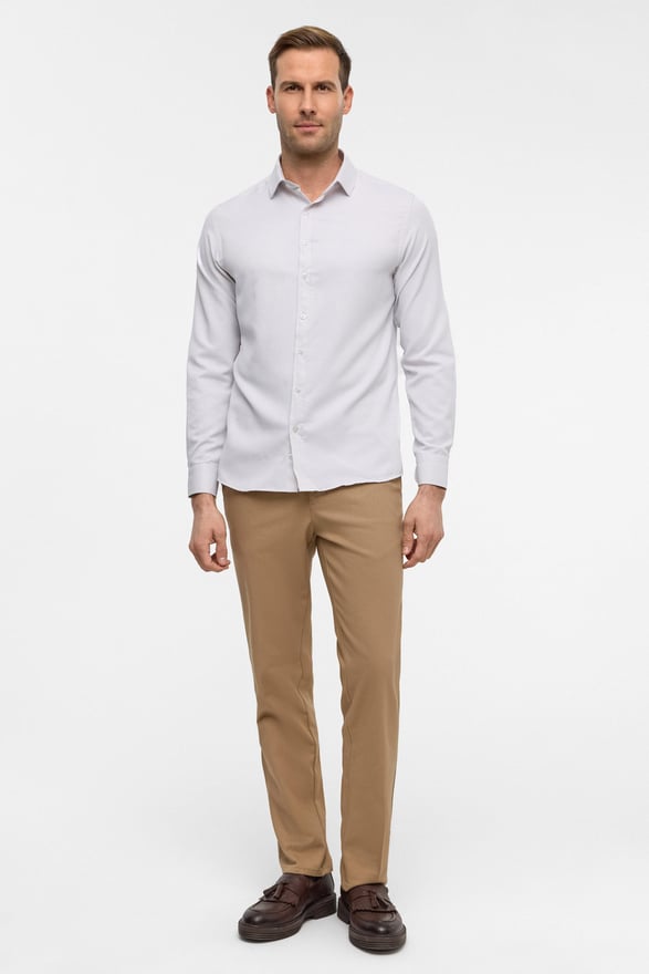 Ekru Slim Armürlü Klasik Yaka Gömlek