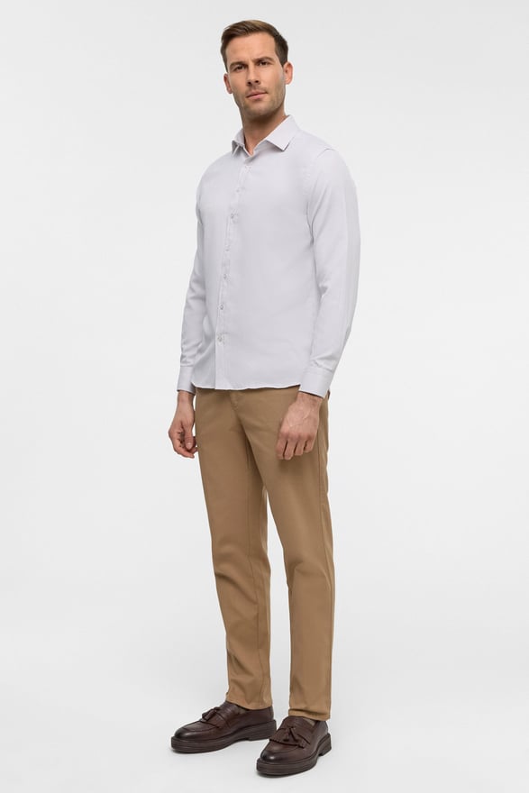 Ekru Slim Armürlü Klasik Yaka Gömlek