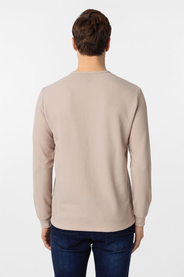 Ekru Slim Armürlü O Yaka Sweatshirt
