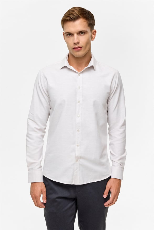 Ekru Slim Desenli Klasik Yaka Gömlek