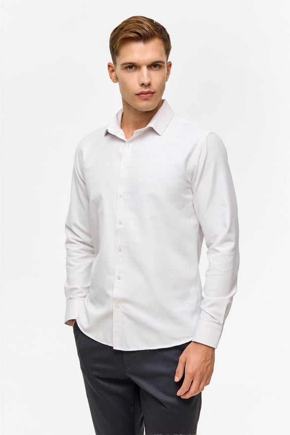 Ekru Slim Desenli Klasik Yaka Gömlek