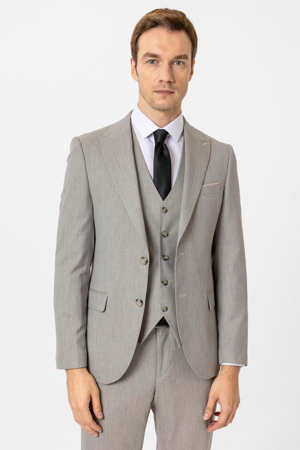 Ekru Slim Desenli Sivri Yaka 6 Drop Yelekli Takım Elbise