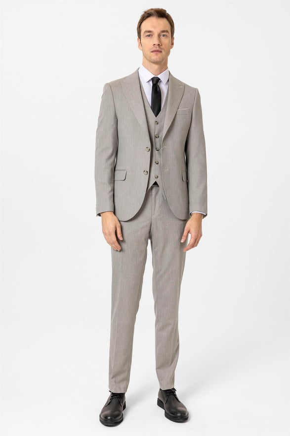 Ekru Slim Desenli Sivri Yaka 6 Drop Yelekli Takım Elbise