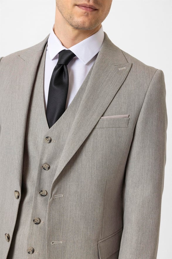 Ekru Slim Desenli Sivri Yaka 6 Drop Yelekli Takım Elbise