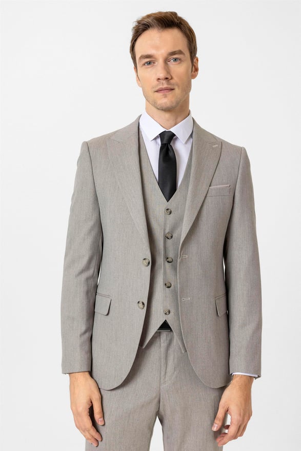 Ekru Slim Desenli Sivri Yaka 6 Drop Yelekli Takım Elbise