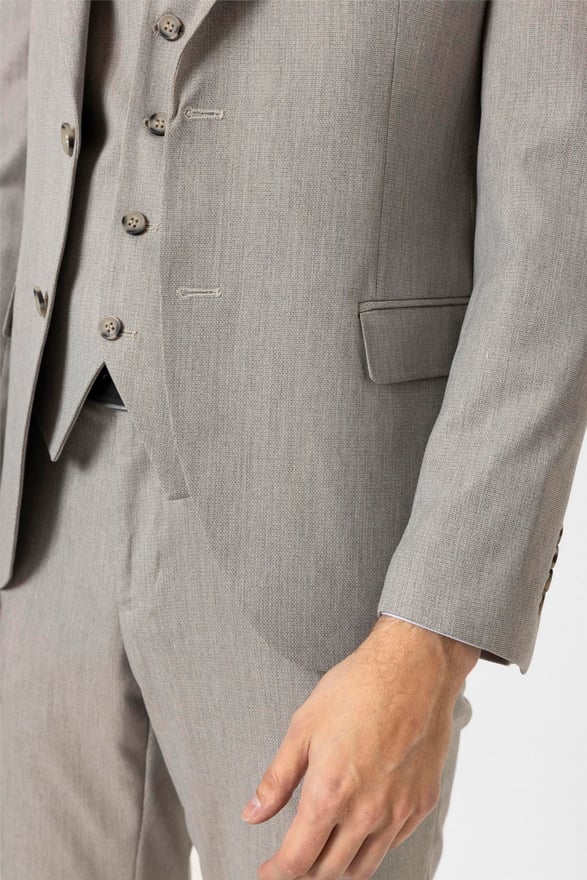 Ekru Slim Desenli Sivri Yaka 6 Drop Yelekli Takım Elbise