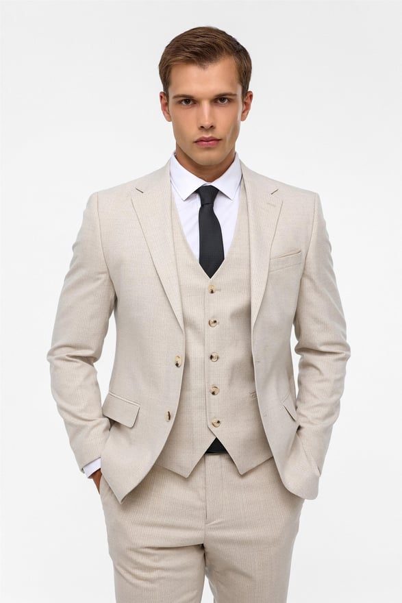 Ekru Slim Fit Desenli Mono Yaka 6 Drop Yelekli Klasik Takım Elbise