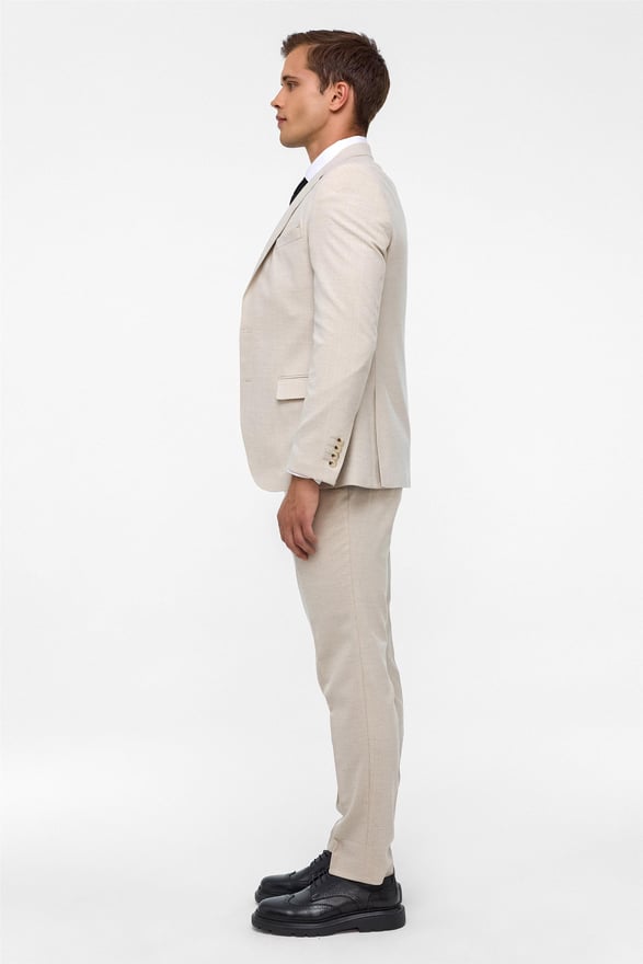 Ekru Slim Fit Desenli Mono Yaka 6 Drop Yelekli Klasik Takım Elbise