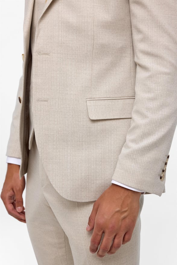 Ekru Slim Fit Desenli Mono Yaka 6 Drop Yelekli Klasik Takım Elbise