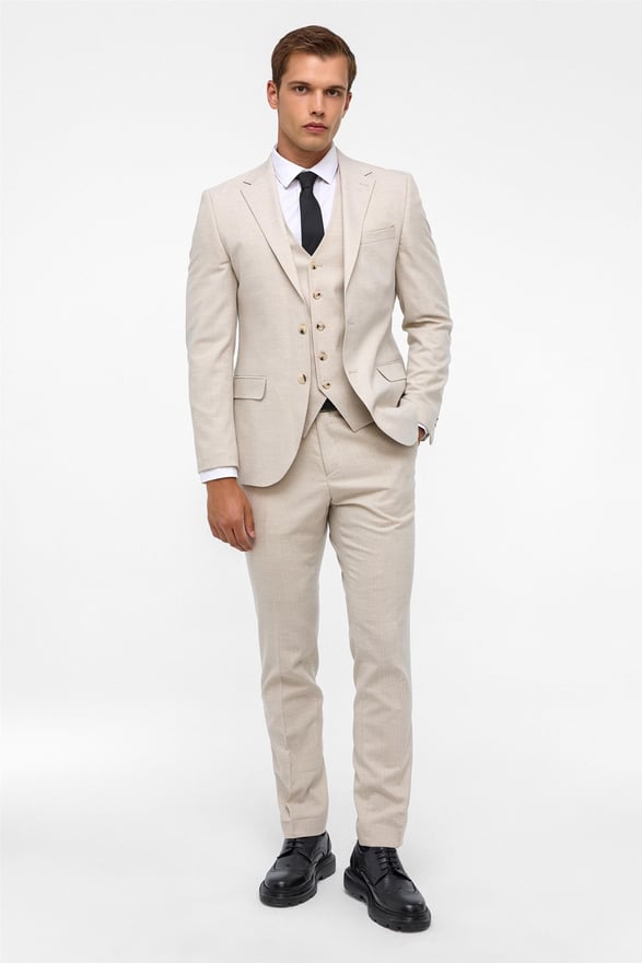 Ekru Slim Fit Desenli Mono Yaka 6 Drop Yelekli Klasik Takım Elbise