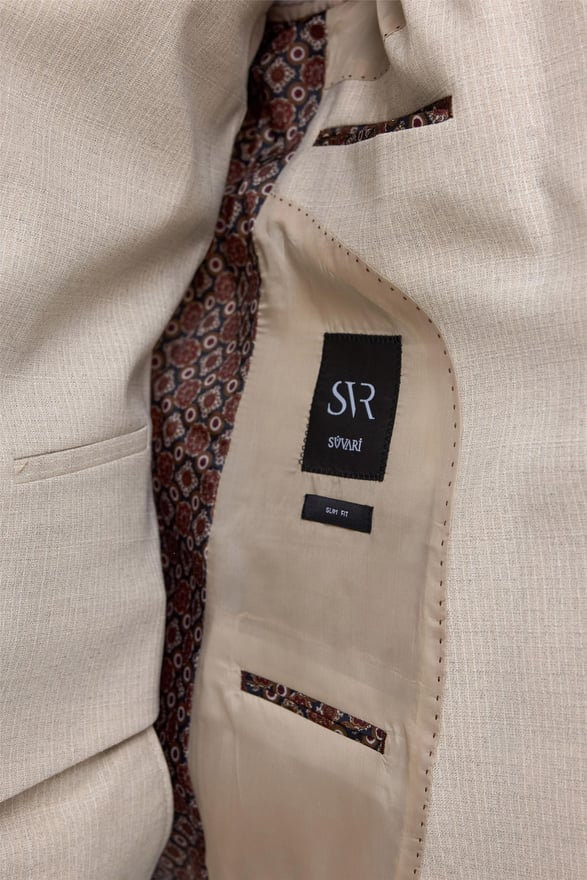 Ekru Slim Fit Desenli Mono Yaka 6 Drop Yelekli Klasik Takım Elbise