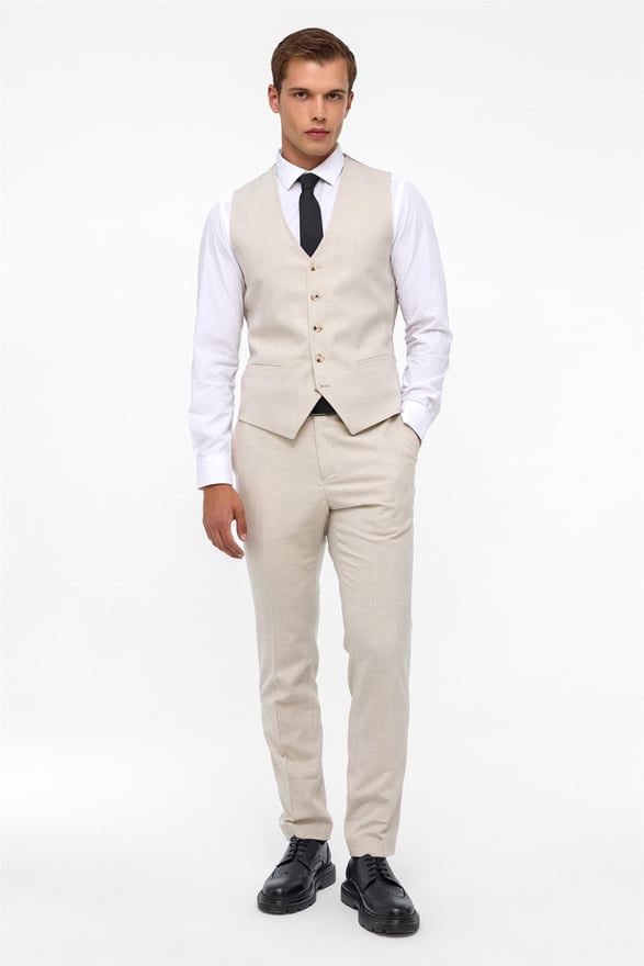 Ekru Slim Fit Desenli Mono Yaka 6 Drop Yelekli Klasik Takım Elbise