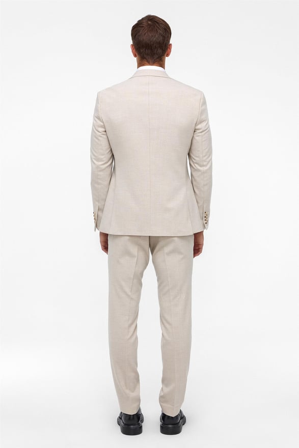 Ekru Slim Fit Desenli Mono Yaka 6 Drop Yelekli Klasik Takım Elbise