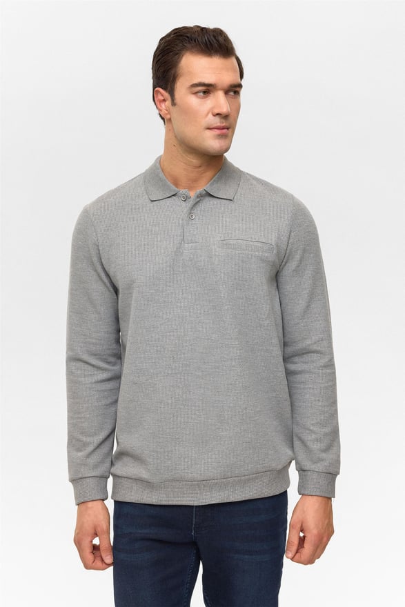 Gri Regular Armürlü Polo Yaka Sweatshirt