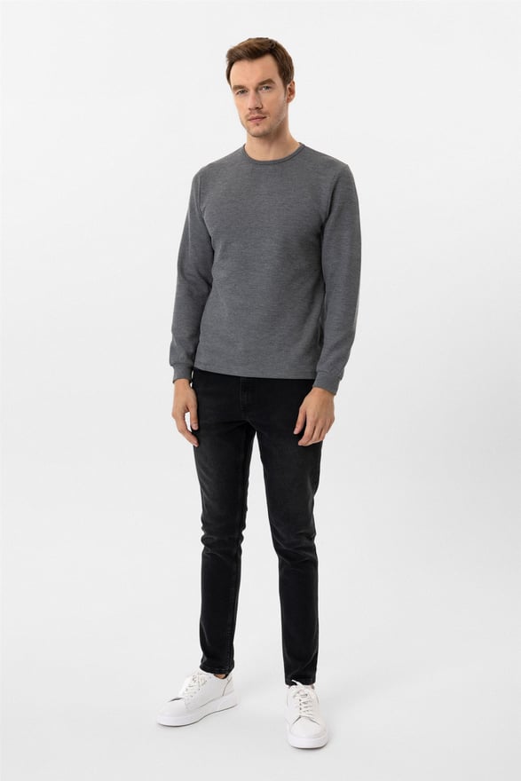 Gri Slim Armürlü O Yaka Sweatshirt