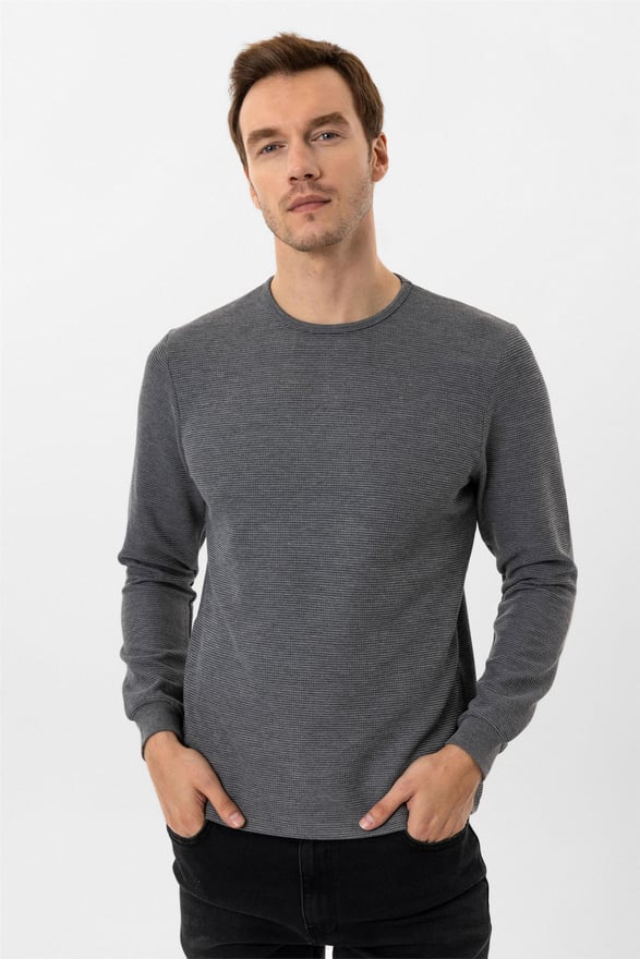 Gri Slim Armürlü O Yaka Sweatshirt