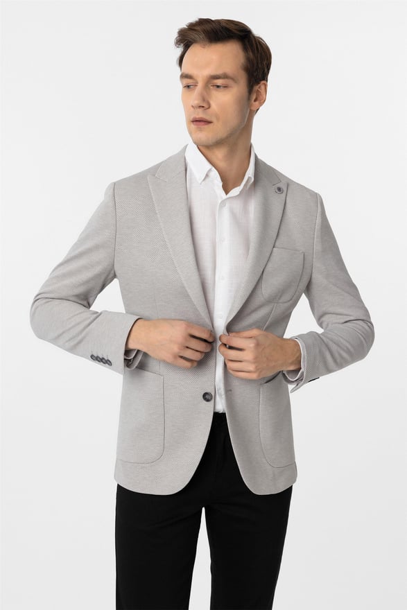 Gri Slim Armürlü Sivri Yaka 6 Drop Ceket